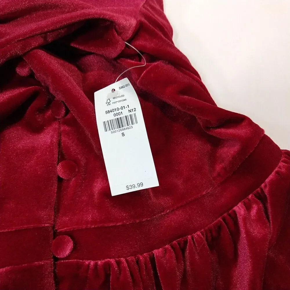 Old Navy Waist Defined Velvet Peplum Top Size S NWT Puff Sleeve Pink Stretch